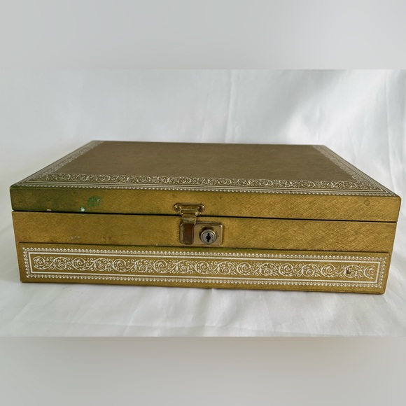 Vtg Gold Color Mele 2 Tier Jewelry Box bought new in 1958. Gold Velvet Lined - Picture 1 of 16